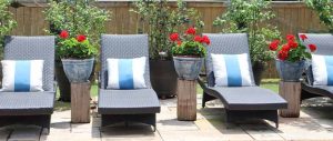 geraniums in planters by loungers