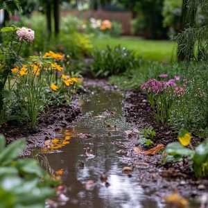 Flower bed with pooling water and soggy soil after spring rain, showing mild garden flooding in a backyard landscape.